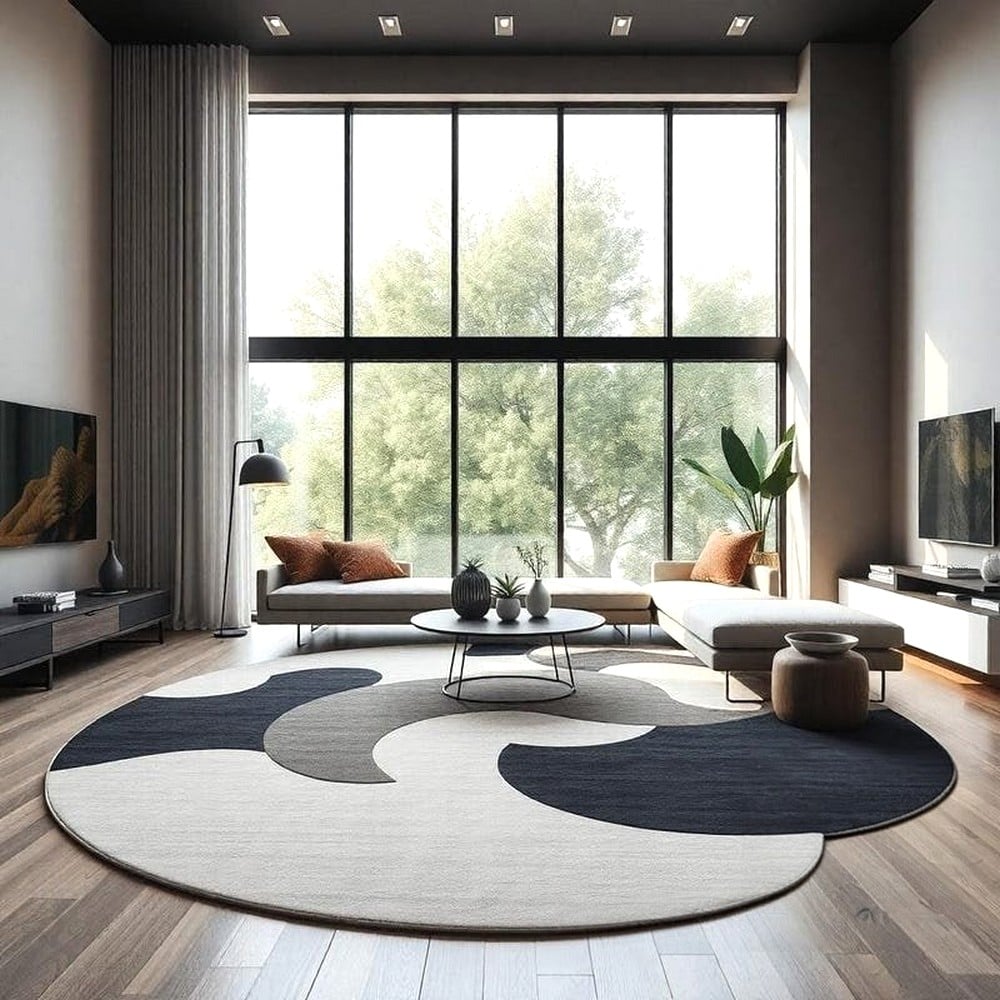 Handcrafted Round Monochrome Abstract Living Room Rug